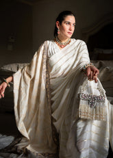 Tilla Floral Weave Border Wool Shawl Ivory